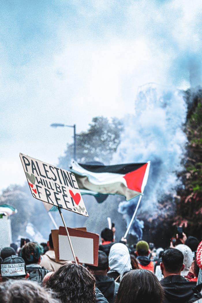 Peaceful protest with Palestinian flags and banners amidst colored smoke.